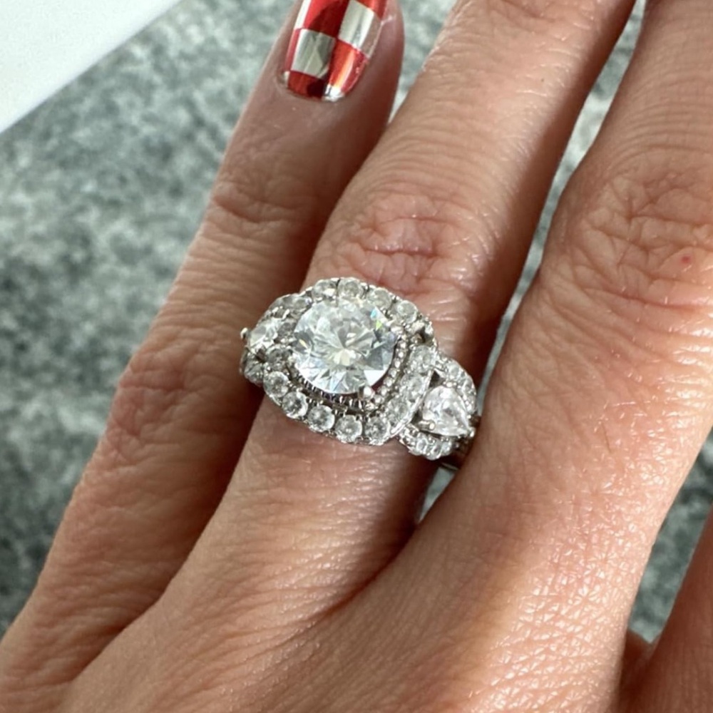 Silver Diamond Halo Engagement Ring Set Wedding - Picture 6 of 14